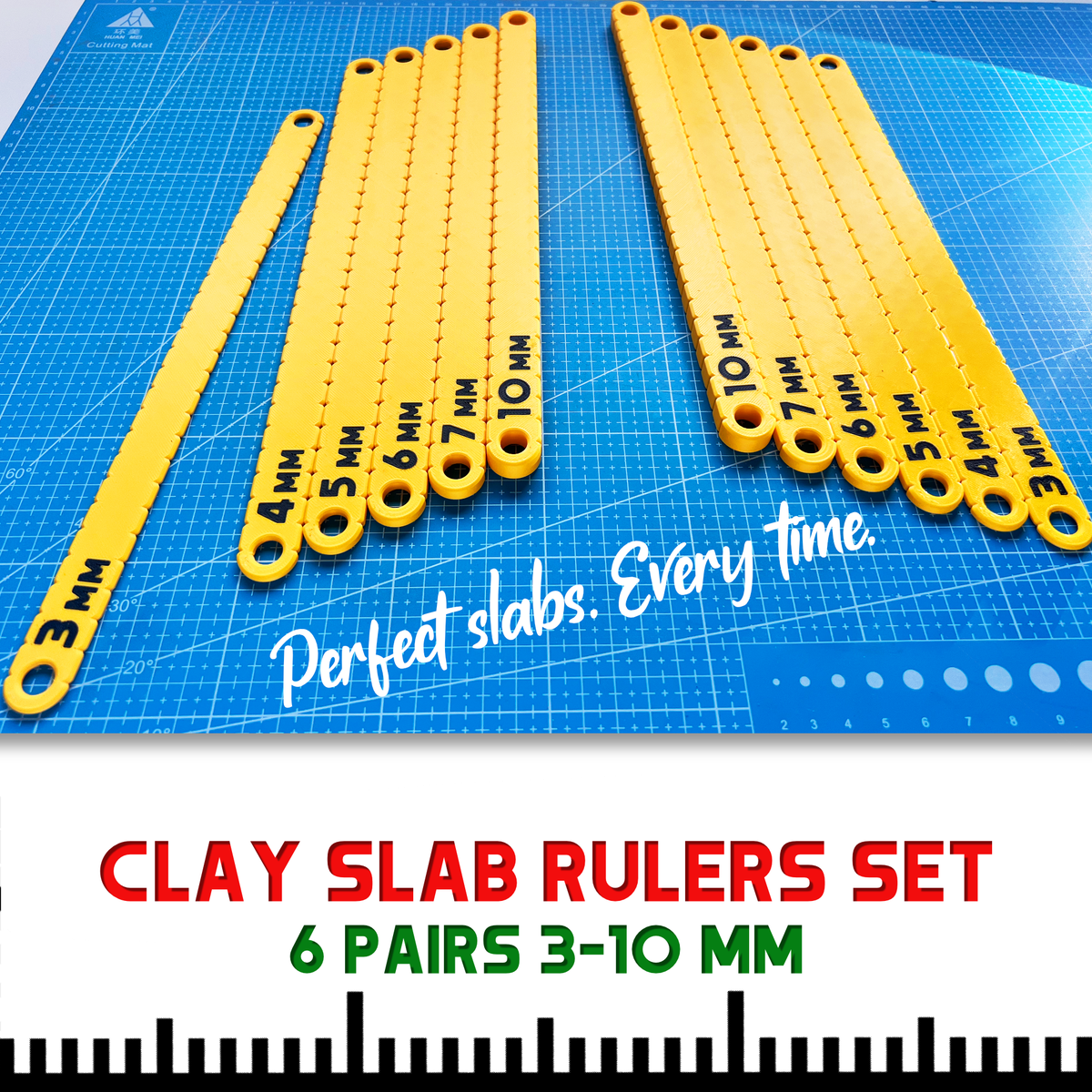 Clay Slab Rulers Set, 6 Pairs 3–10 mm, 30 cm Pottery Thickness Guides