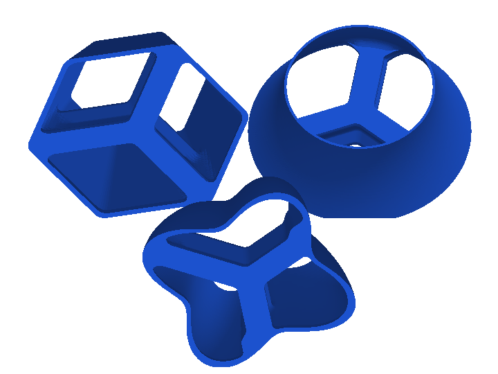 Three blue pottery rim cones: hexagon and four-petal flower with grips visible, and a round cone viewed from the opposite side