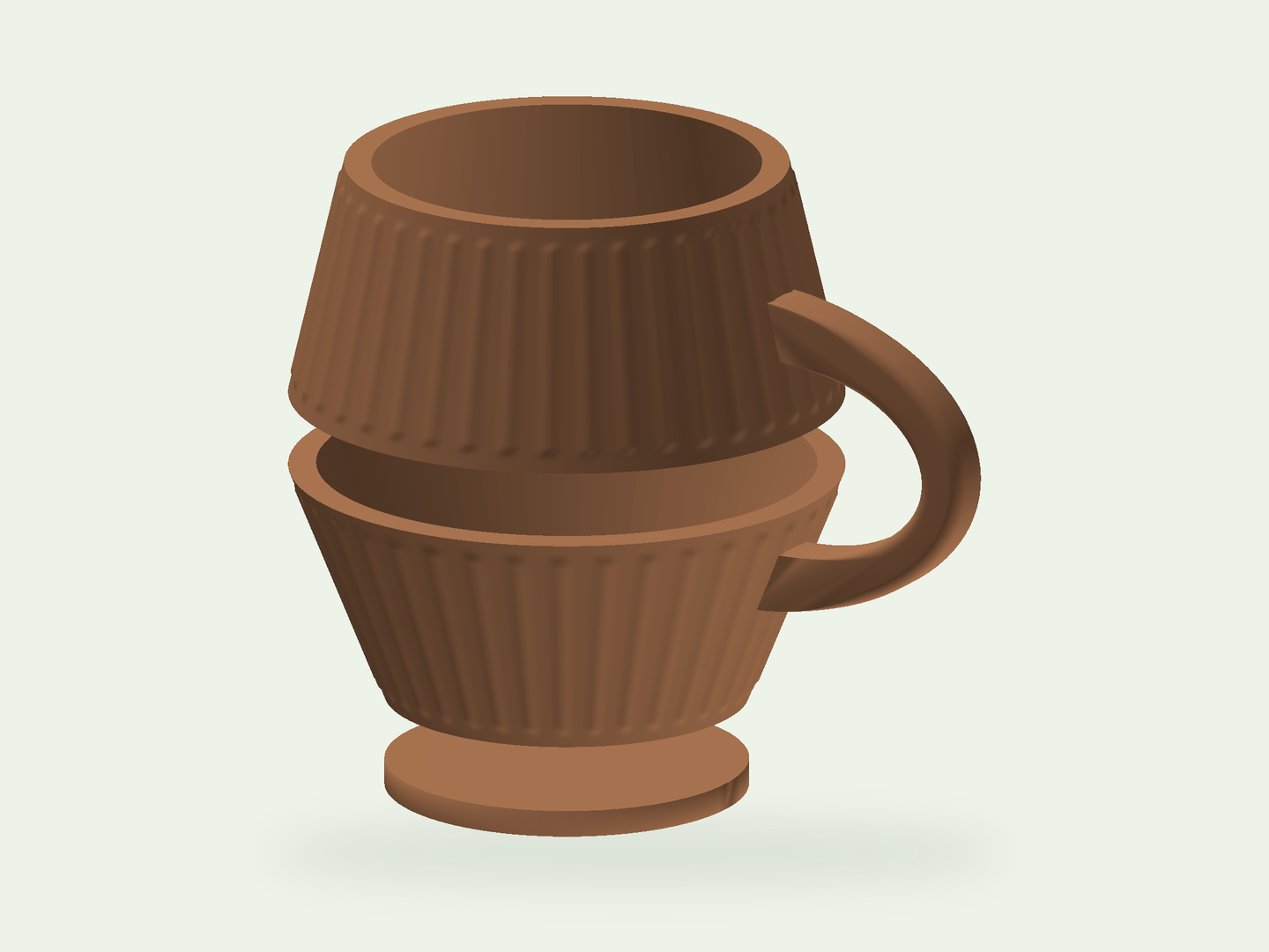 Assembly of a ribbed pottery cup from two conical walls, with a handle and separate base